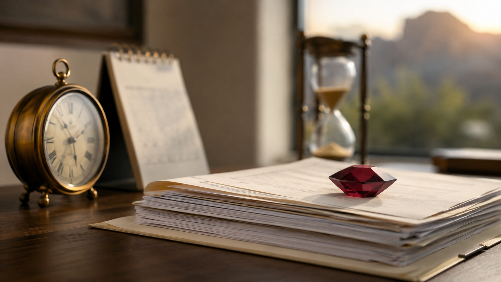 Arizona probate timeline documents with clock and calendar on a legal document preparer's desk in Gilbert AZ