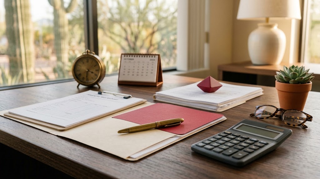 Arizona spousal maintenance worksheet and calculator on a consultation desk in Gilbert AZ