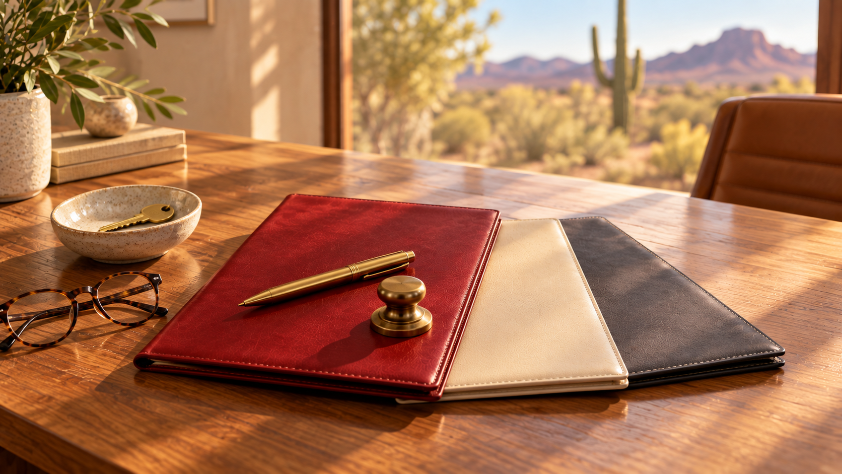 Three document folders with a gold pen and notary seal on a desk, representing Arizona's financial, medical and mental health powers of attorney
