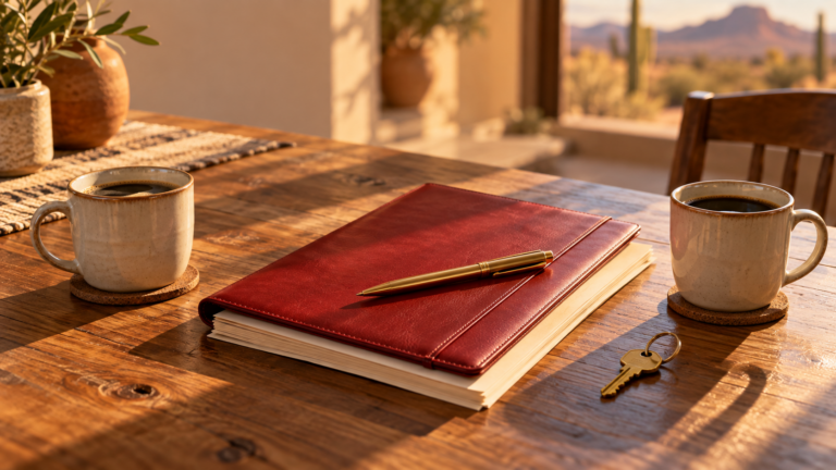 Two coffee mugs set apart on a table with a red document folder between them, illustrating legal separation vs. divorce in Arizona